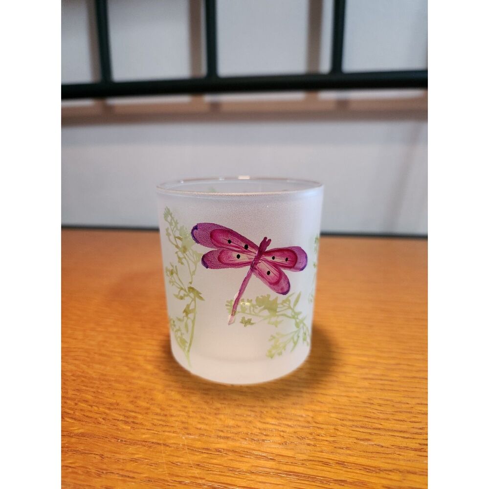 Vintage Y2K Butterfly Frosted Glass Candle Holder Pink Green Whimsigoth